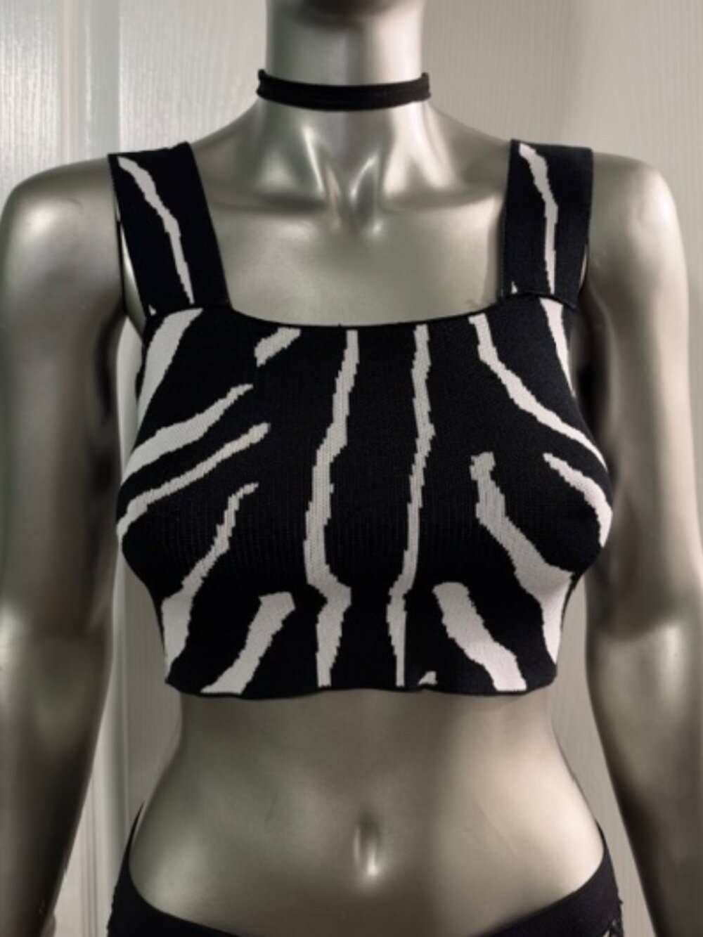 zebra-print knit cropped tank top